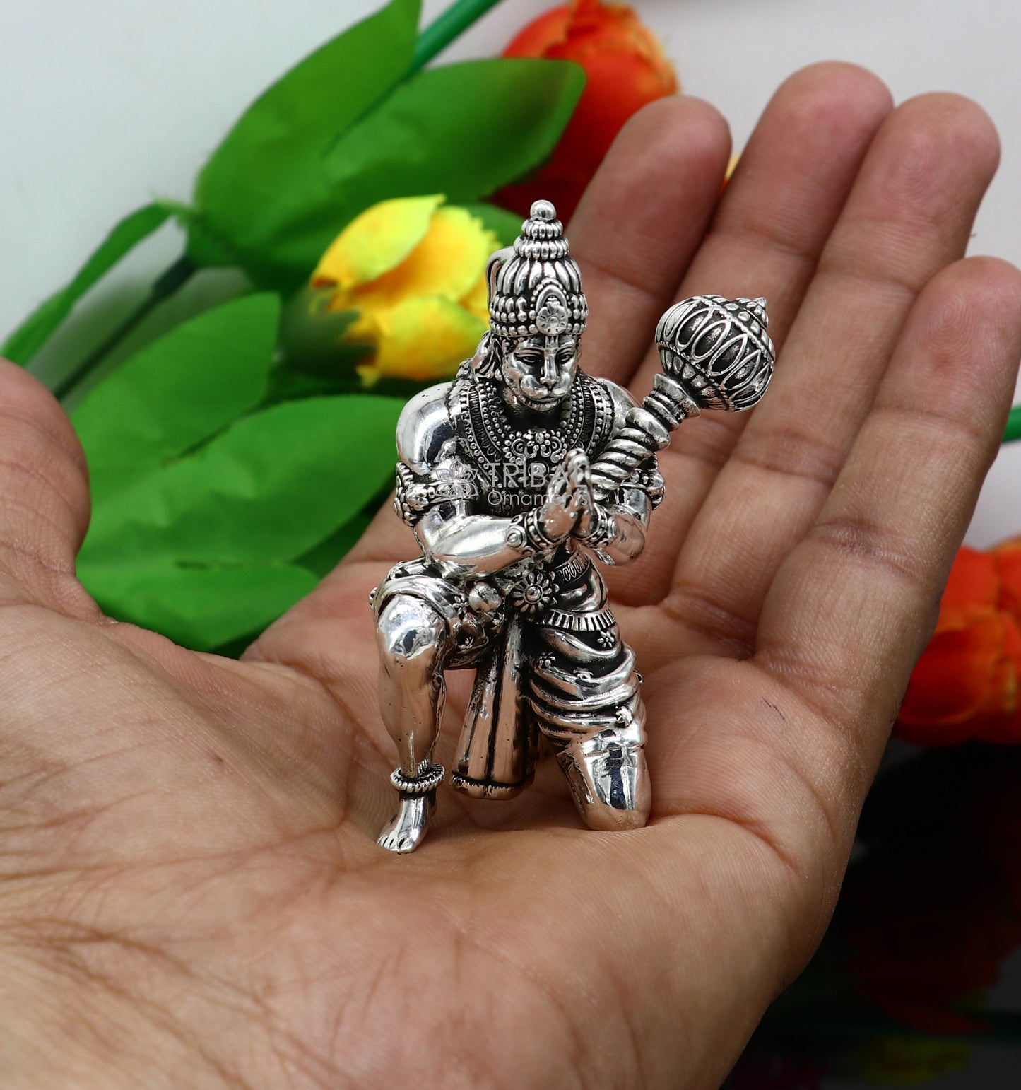 Handmade 2" or 2.5" silver Lord Hanuman statue sculpture for puja or gifting, ideal for home temple decor.