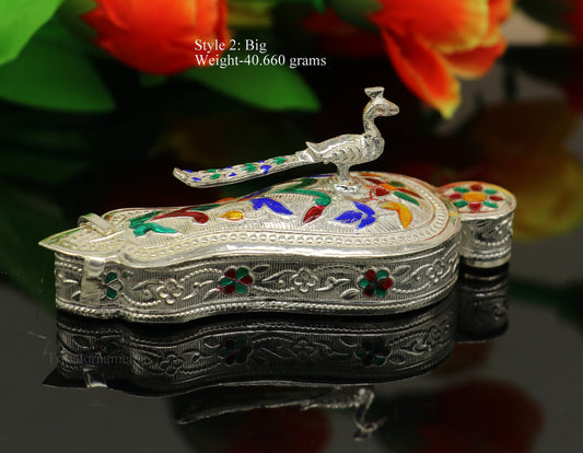 925 sterling silver handmade fabulous unique design peacock trinket box, brides gift, casket box, silver article, silver utensils stb264 - TRIBAL ORNAMENTS