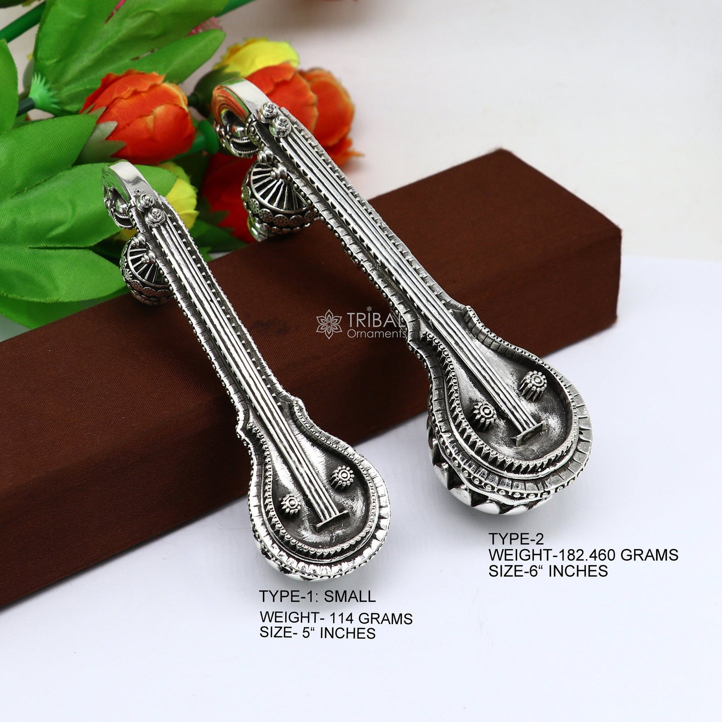 5"OR 6" Maa Saraswati Veena, 925 sterling silver musical instrument Veena for Goddess Sharda, best gifting puja article, Worshipping art623 - TRIBAL ORNAMENTS