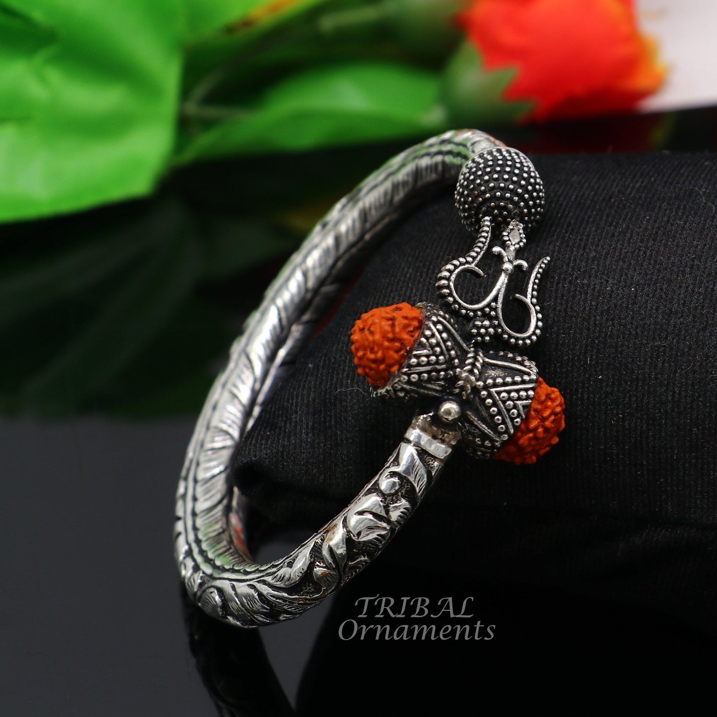 925 Sterling silver handmade chitai work Lord Shiva trident trishul kada bangle bracelet with natural Rudraksha customized kada nsk566 - TRIBAL ORNAMENTS