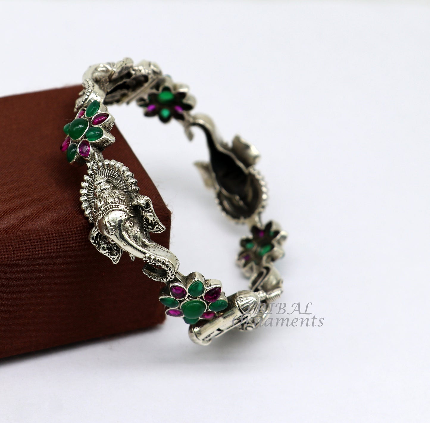 925 Sterling silver Ganesha bangle bracelet with floral red and green stones, ethnic jewelry by TRIBALORNAMENT.