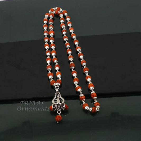 925 sterling silver natural rudraksha beads chain with pendant amazing trident pendant necklace unisex silver jewelry set496 - TRIBAL ORNAMENTS