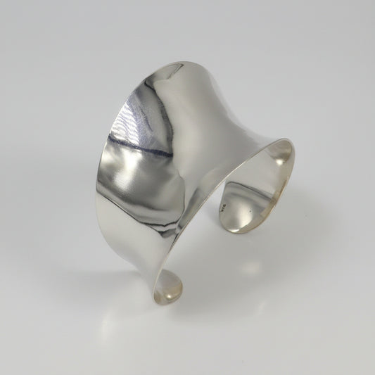 Bright shiny 925 sterling silver open face adjustable bangle cuff bracelet from Tribalornament, featuring a curved design for wedding jewelry.