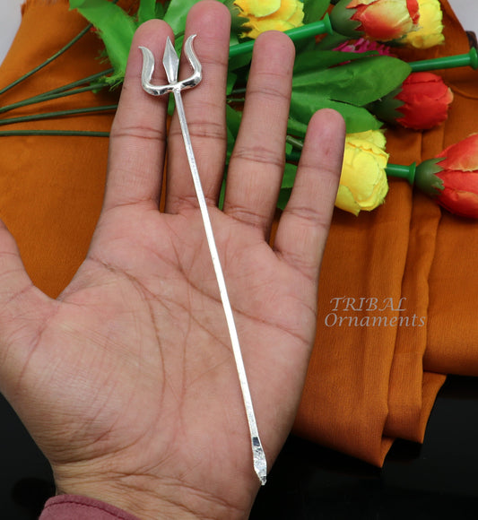 6.5" Divine Lord Trident, Solid sterling silver Trishul puja article utensils, goddess trishul trident , god accessories from india su950 - TRIBAL ORNAMENTS