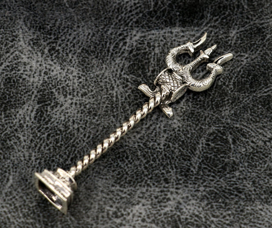 925 Sterling silver handmade Lord Shiva trident with Damaru, showcasing intricate craftsmanship for puja and spiritual rituals.