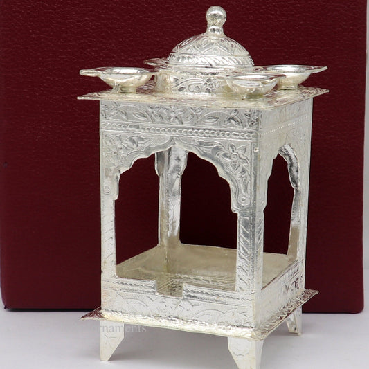 Sterling silver handmade vintage Hatri with four lamps, traditional Indian puja temple decor, crafted by TribalOrnaments