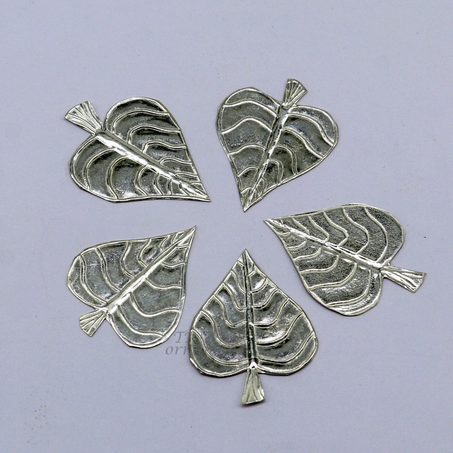 Set of 5 handmade 925 sterling silver pipal leaf puja articles by TribalOrnaments, traditional silver religious accessories.