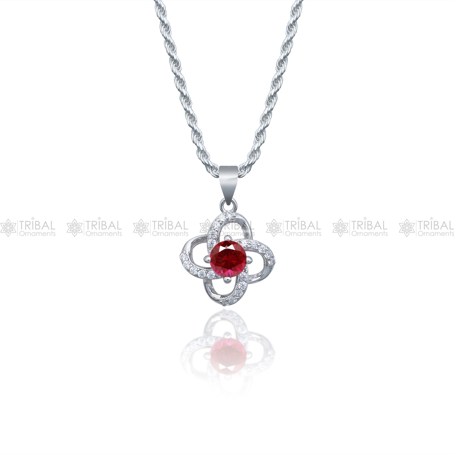 925 Sterling silver flower with Red diamond (rubby )  pendant set nsp963