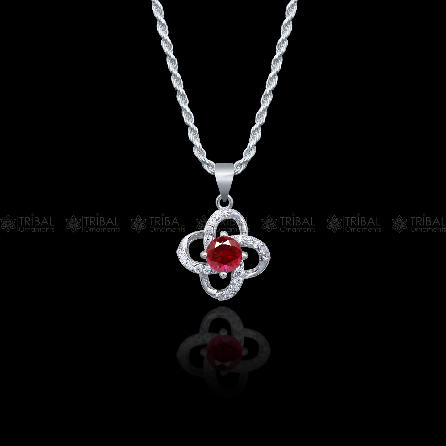 925 Sterling silver flower with Red diamond (rubby )  pendant set nsp963