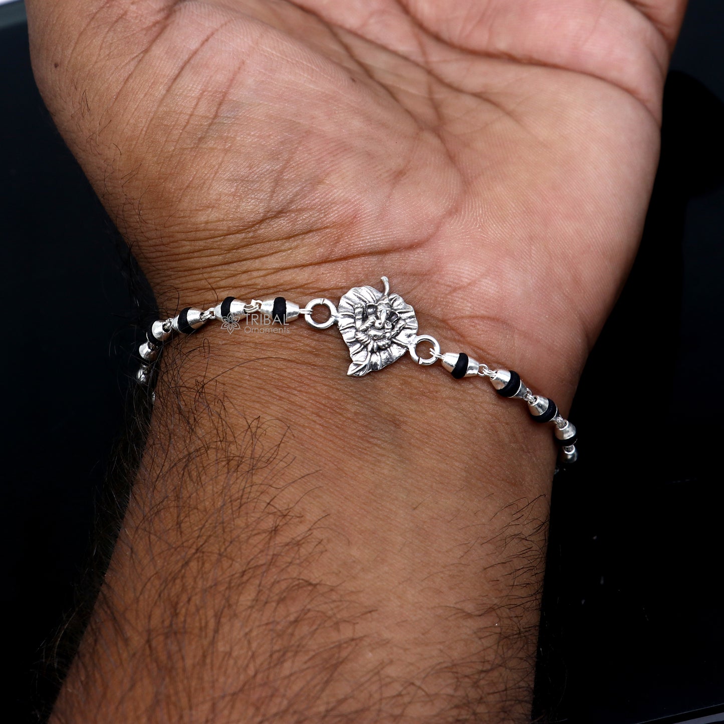 925 sterling silver handmade Lord Ganesha holy basil rosary beads  Rakhi bracelet, black Tulsi beaded bracelet rk389