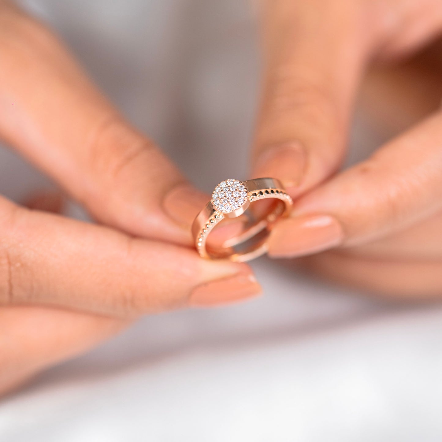 Round shape diamond rose gold silver ring