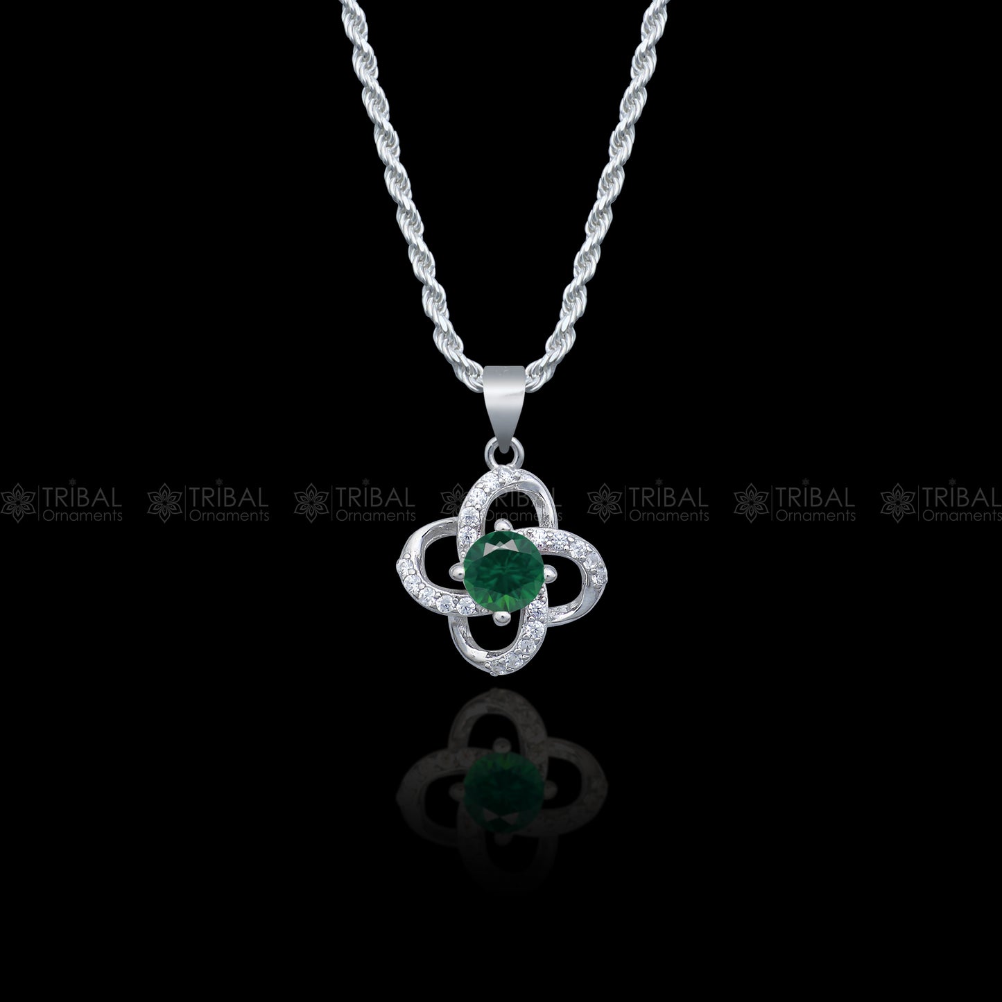 925 Sterling silver flower with green diamond (emerald)  pendant set  nsp964