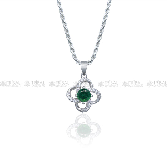 925 Sterling silver flower with green diamond (emerald)  pendant set  nsp964