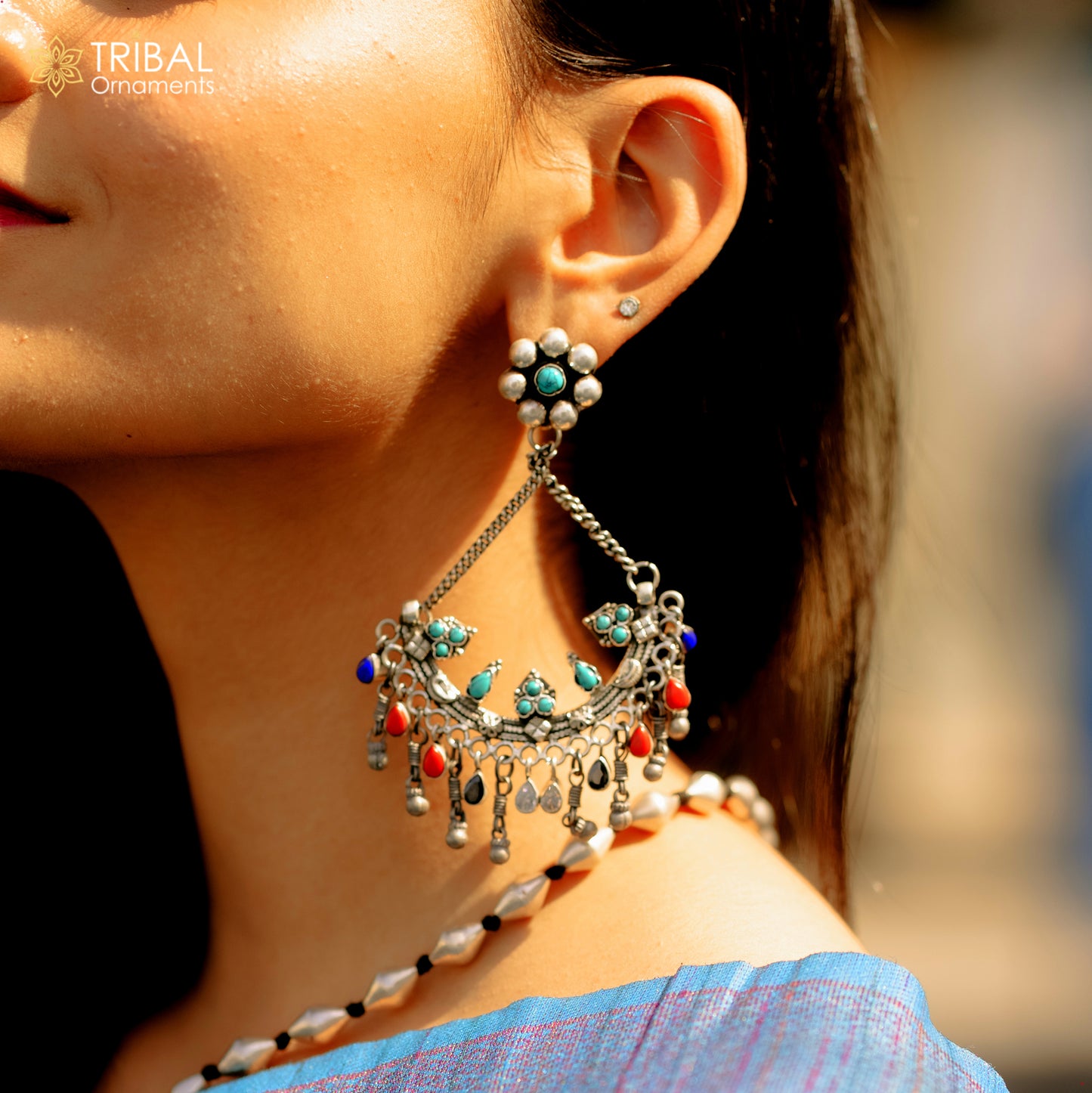 925 sterling silver handmade turquoise and coral stone fabulous long charm earring stud, drop dangle chandbala chandelier style jewelry s724