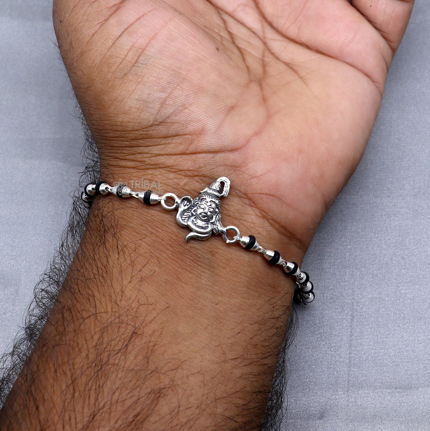 925 sterling silver handmade Lord shiva holy basil rosary beads  Rakhi bracelet, black Tulsi beaded bracelet rk392