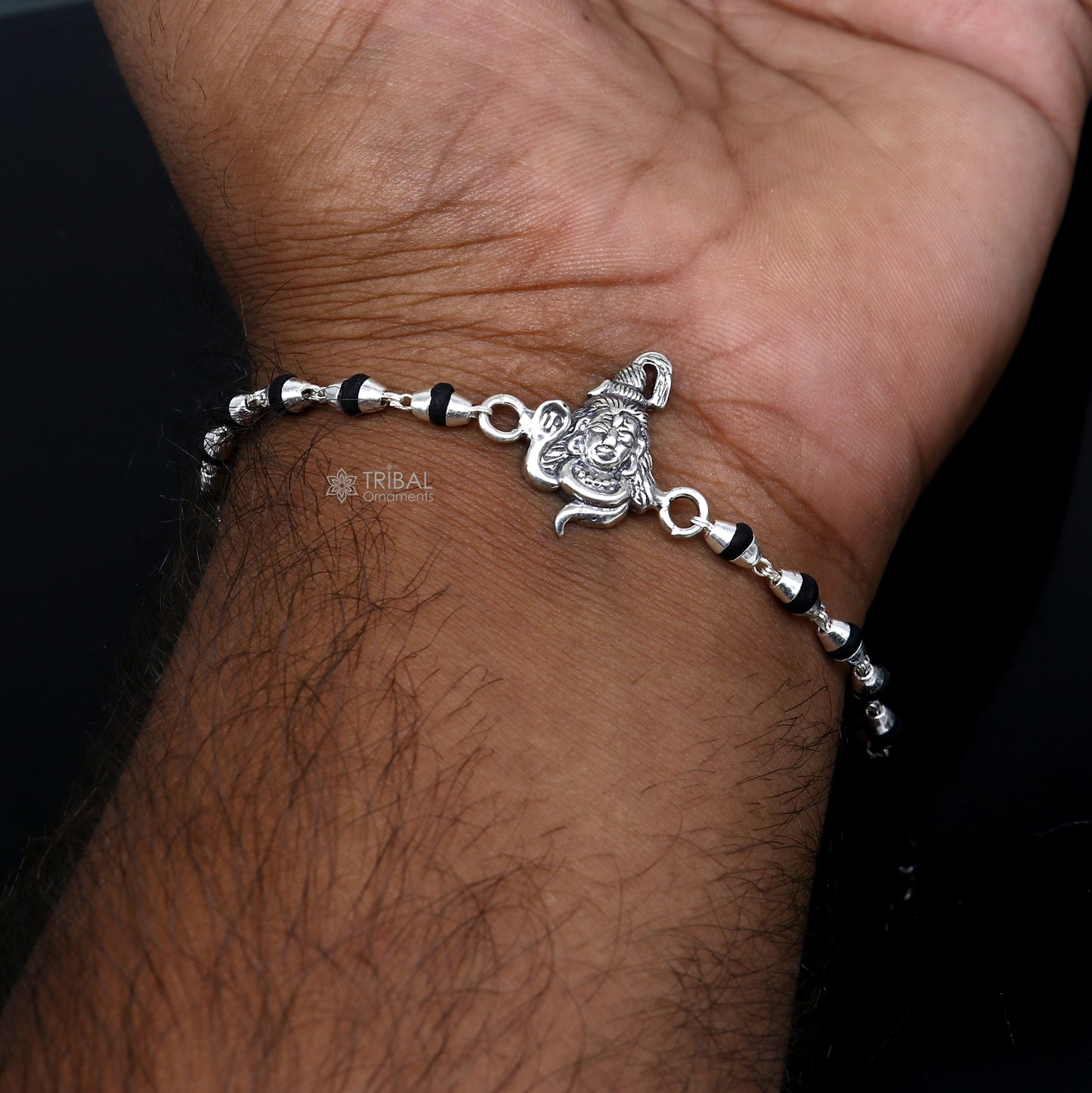 925 sterling silver handmade Lord shiva holy basil rosary beads  Rakhi bracelet, black Tulsi beaded bracelet rk392