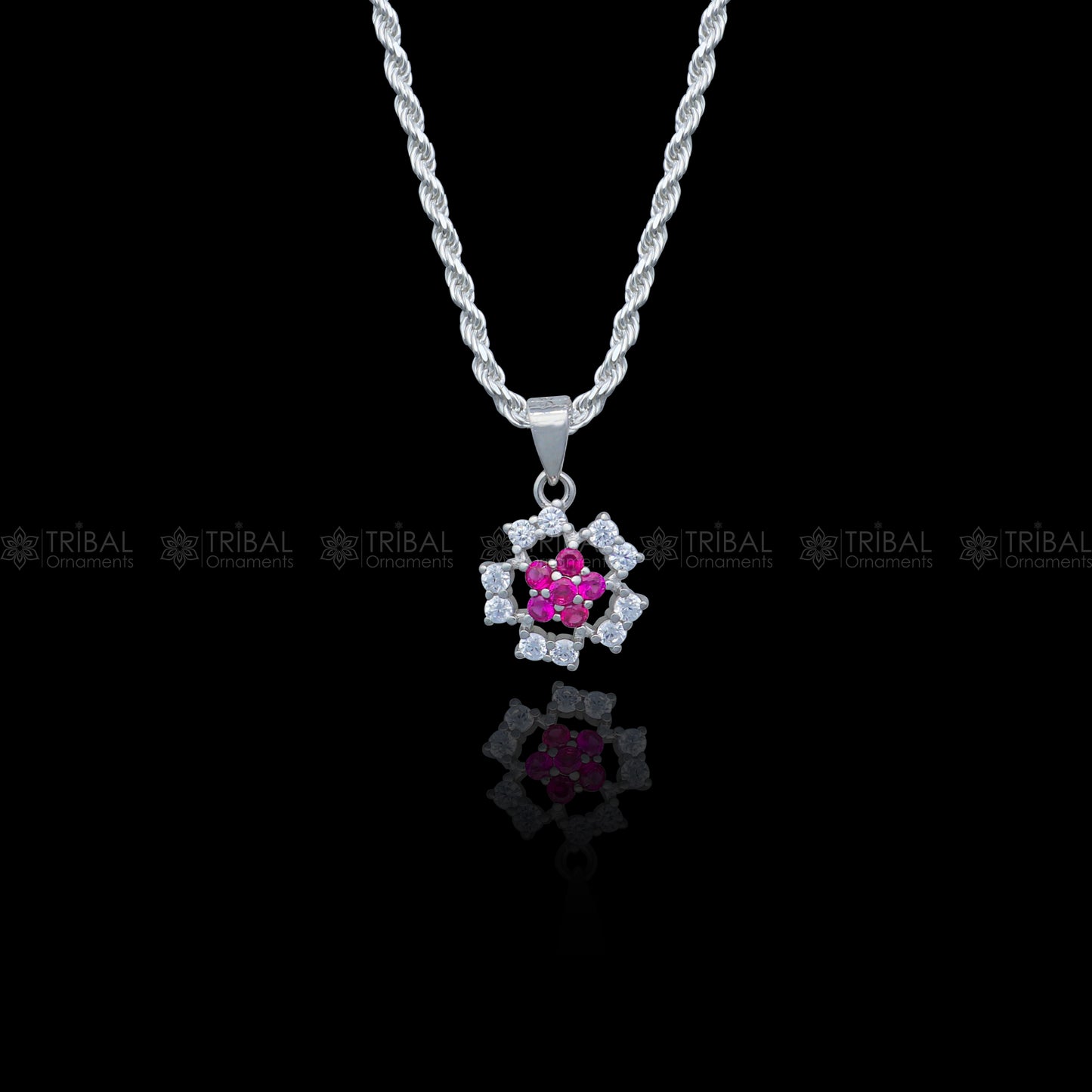 925 Sterling silver flower with pink diamond (rubby )  pendant set nsp969