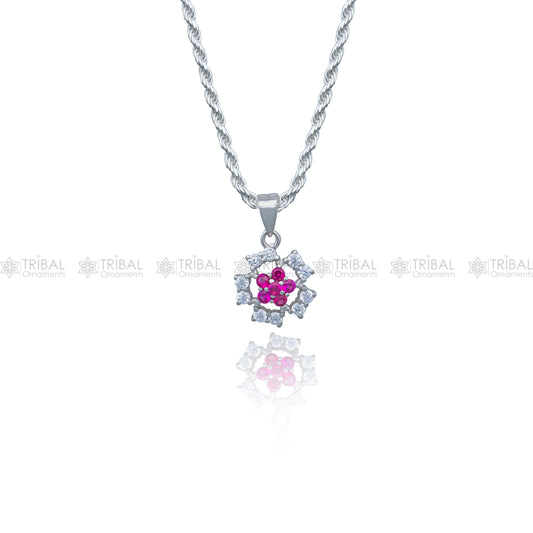 925 Sterling silver flower with pink diamond (rubby )  pendant set nsp969