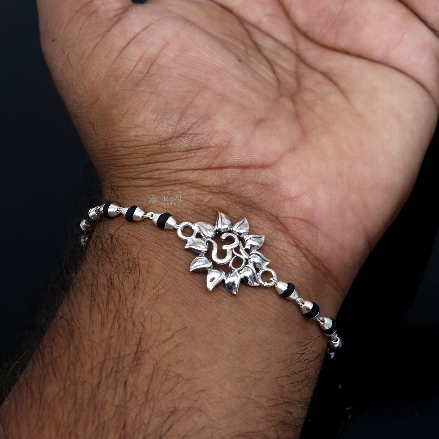 925 sterling silver handmade Om design  (shiva mantra) holy basil rosary beads  Rakhi bracelet, black Tulsi beaded bracelet rk395