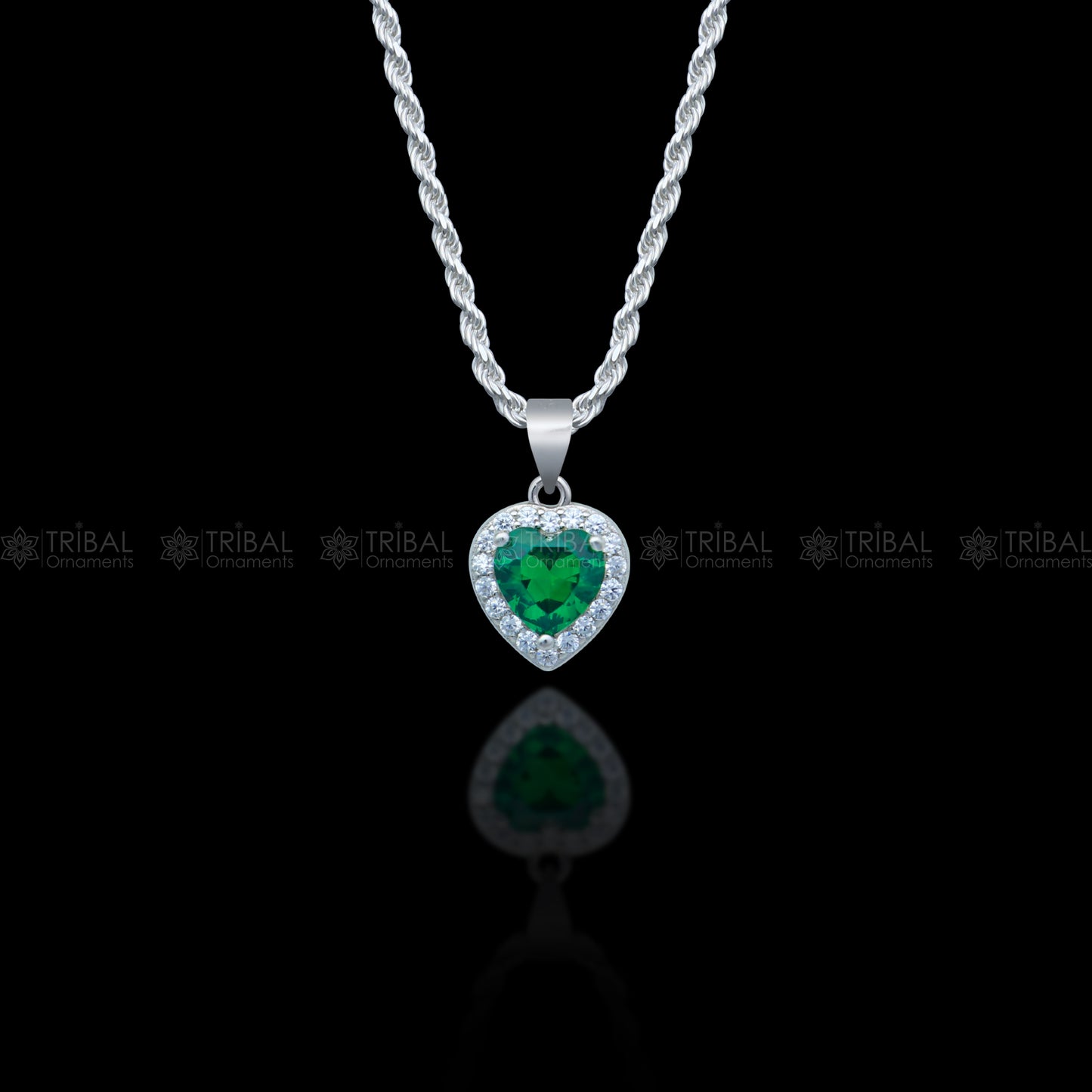 925 Sterling silver green diamond (emerald) heart shape pendant set nsp967