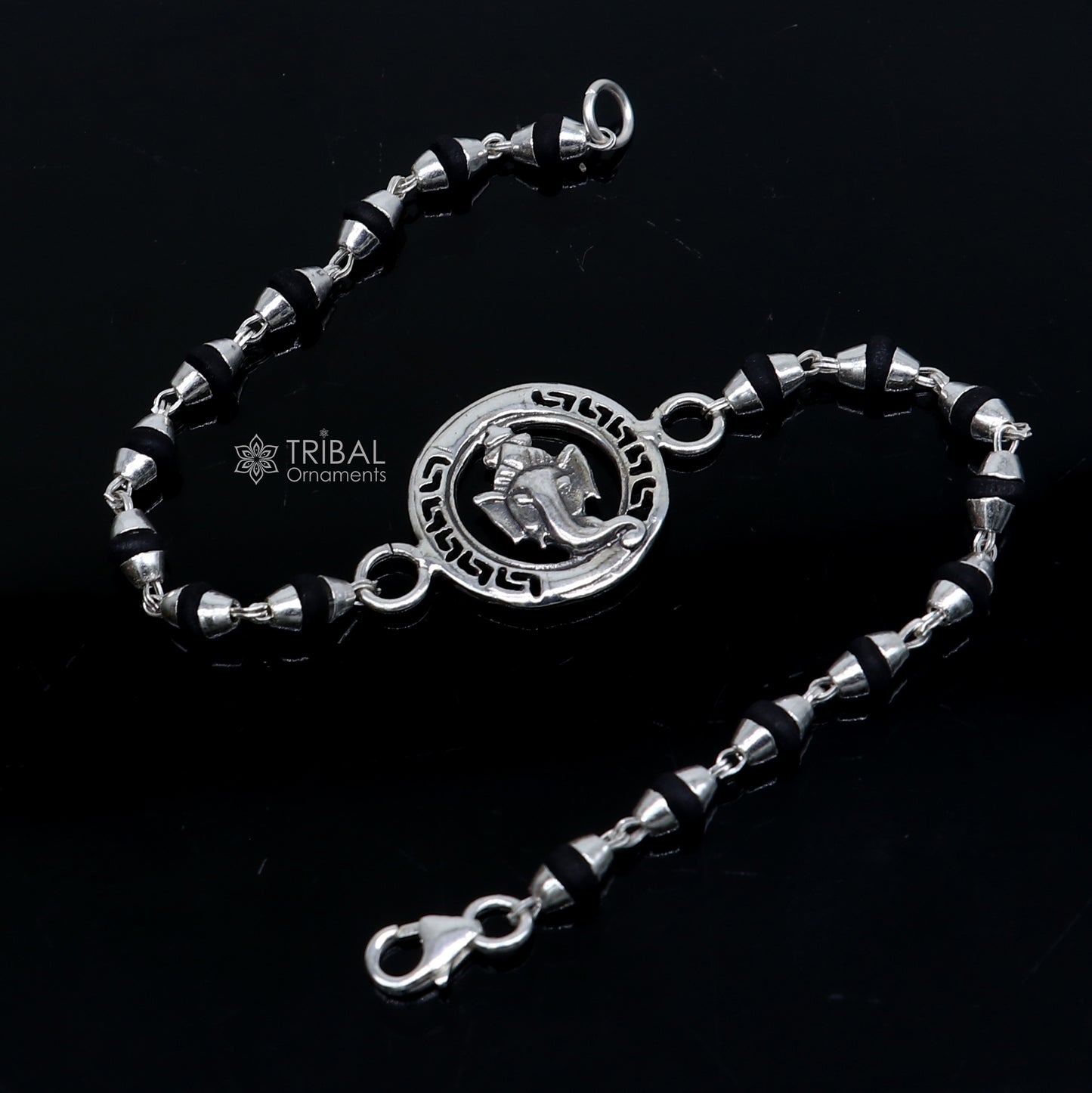 925 sterling silver handmad Lord Ganesha  design  holy basil rosary beads  Rakhi bracelet, black Tulsi beaded bracelet rk397