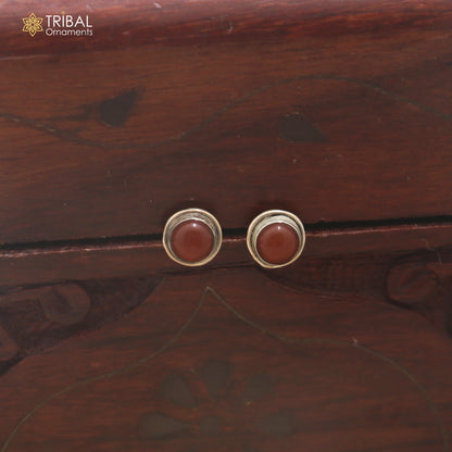 925 sterling silver round shape brown stone stud earring best unisex jewelry er383