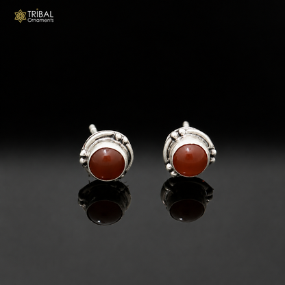 925 sterling silver round shape brown stone stud earring best unisex jewelry er384
