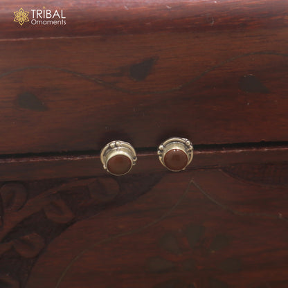 925 sterling silver round shape brown stone stud earring best unisex jewelry er384