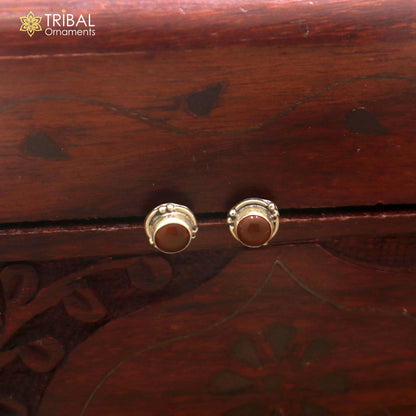 925 sterling silver round shape brown stone stud earring best unisex jewelry er384
