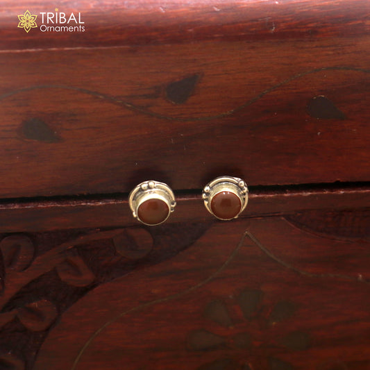 925 sterling silver round shape brown stone stud earring best unisex jewelry er384