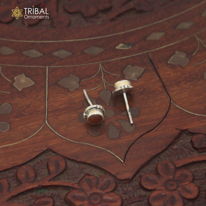 925 sterling silver round shape brown stone stud earring best unisex jewelry er384