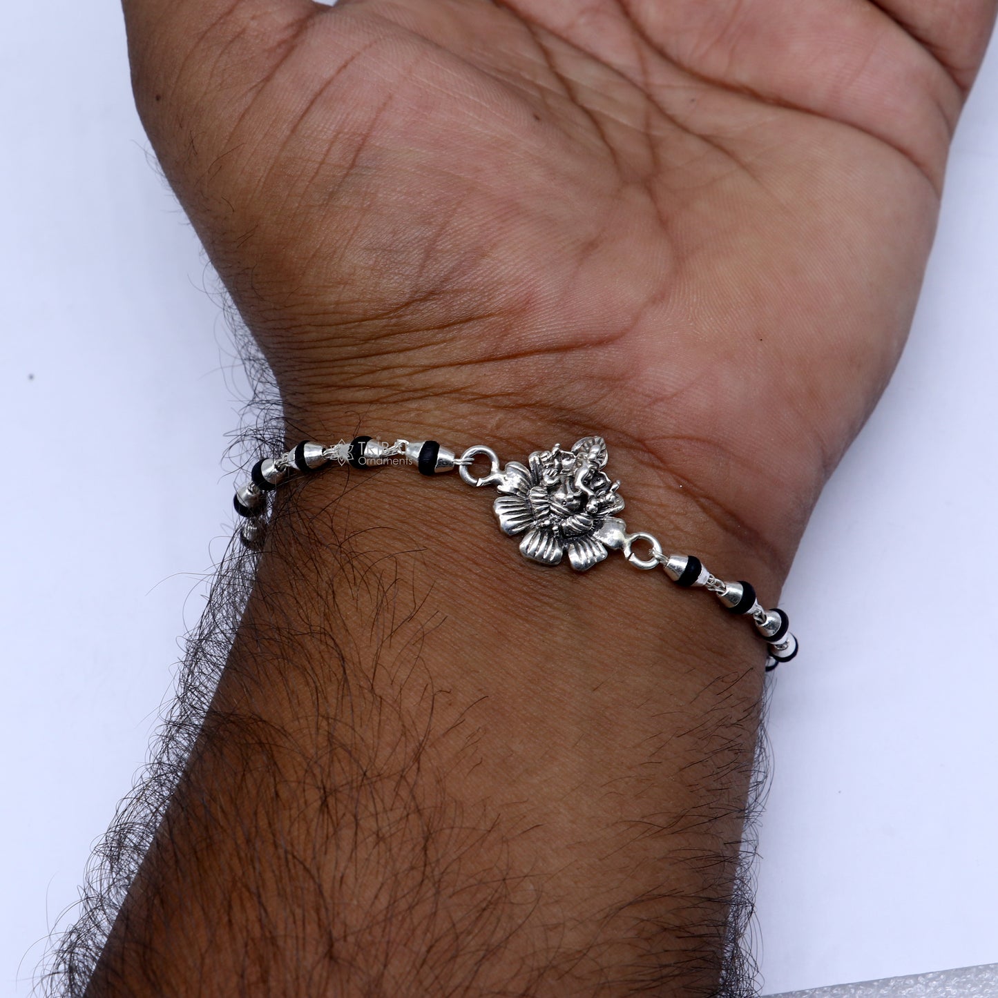 925 sterling silver handmad Lord Ganesha with flower design  holy basil rosary beads  Rakhi bracelet, black Tulsi beaded bracelet rk398