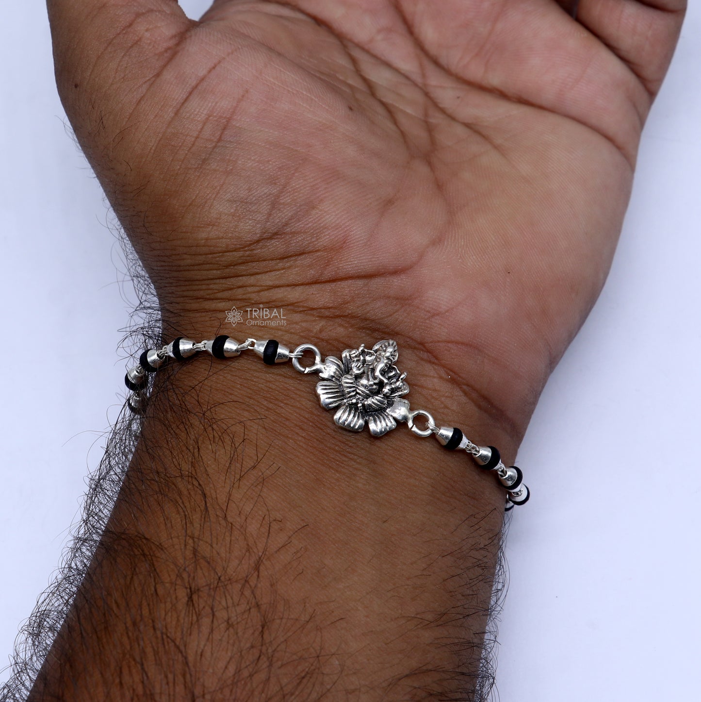 925 sterling silver handmad Lord Ganesha with flower design  holy basil rosary beads  Rakhi bracelet, black Tulsi beaded bracelet rk398