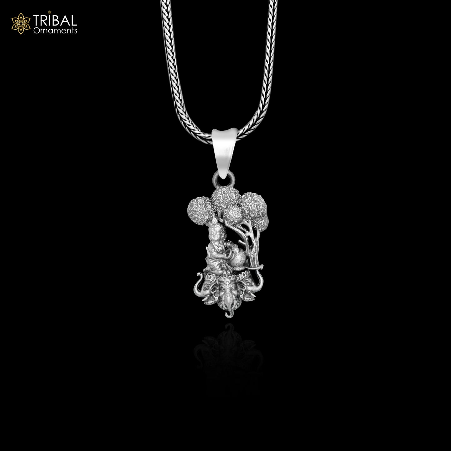 925 sterling silver lord Krishna with tree face elephant Pendant with chain tribal jewellery nsp1027