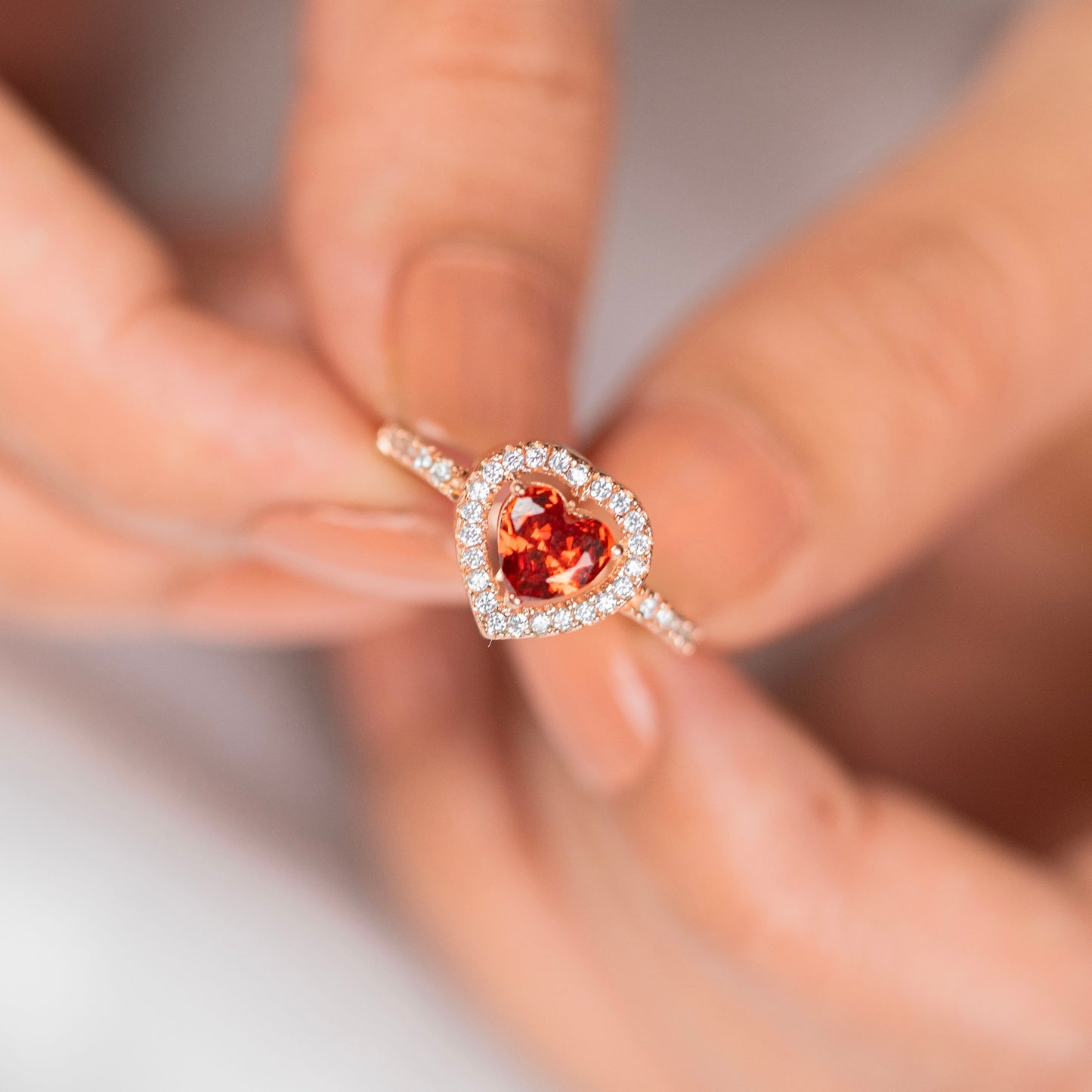 Red diamond heart design rose gold silver ring