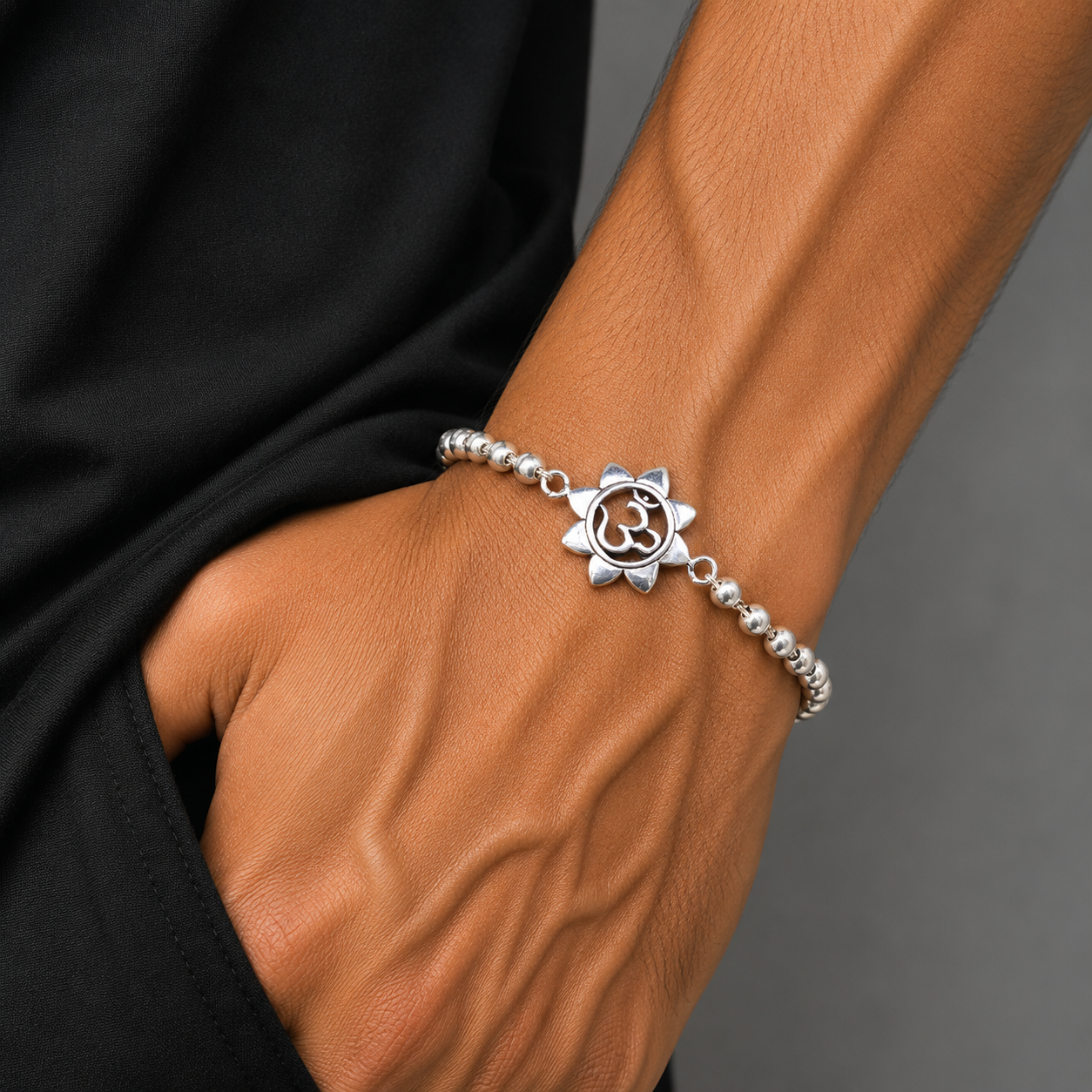 925 sterling silver flower OM design Rudraksha or Tulsi beaded bracelet rakhi rk190