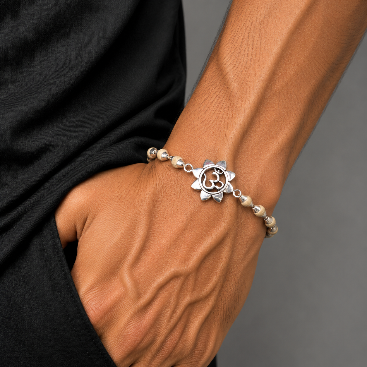 925 sterling silver flower OM design Rudraksha or Tulsi beaded bracelet rakhi rk190