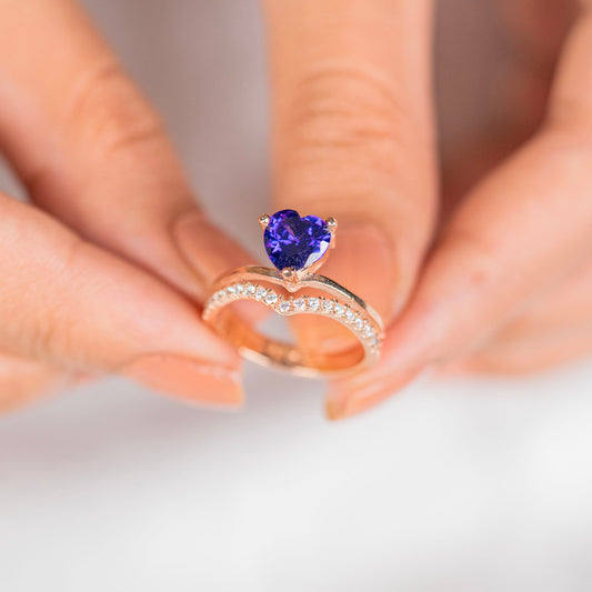 Blue diamond  heart design rose gold silver ring