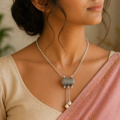 22-inch adjustable sterling silver chain necklace with an antique tribal pendant, elegant jewelry piece by TRIBAL ORNAMENTS.