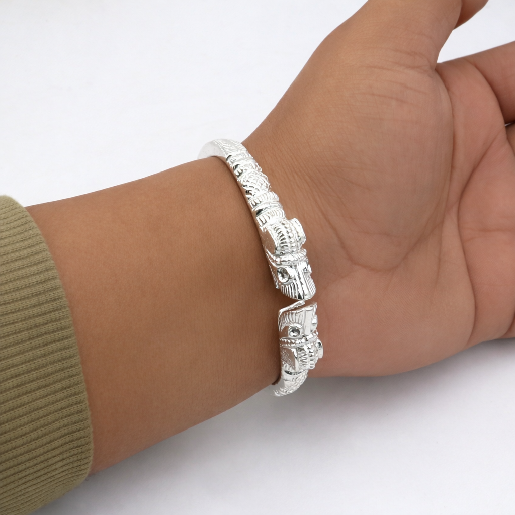 Solid 925 silver crocodile design bangle cuff jewelry for men by TRIBAL ORNAMENTS, featuring detailed crocodile motif.