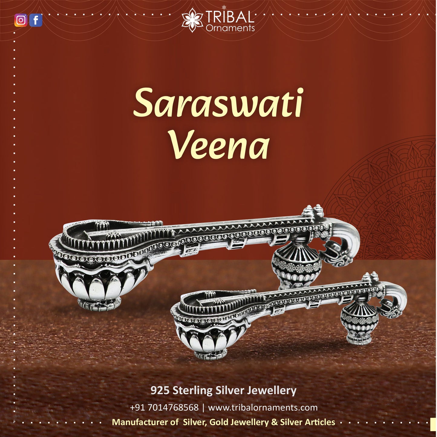 Small Saraswati Veena, 925 sterling silver musical instrument Veena for Goddess Sharda, best gifting puja article for Hindu temple su514 - TRIBAL ORNAMENTS
