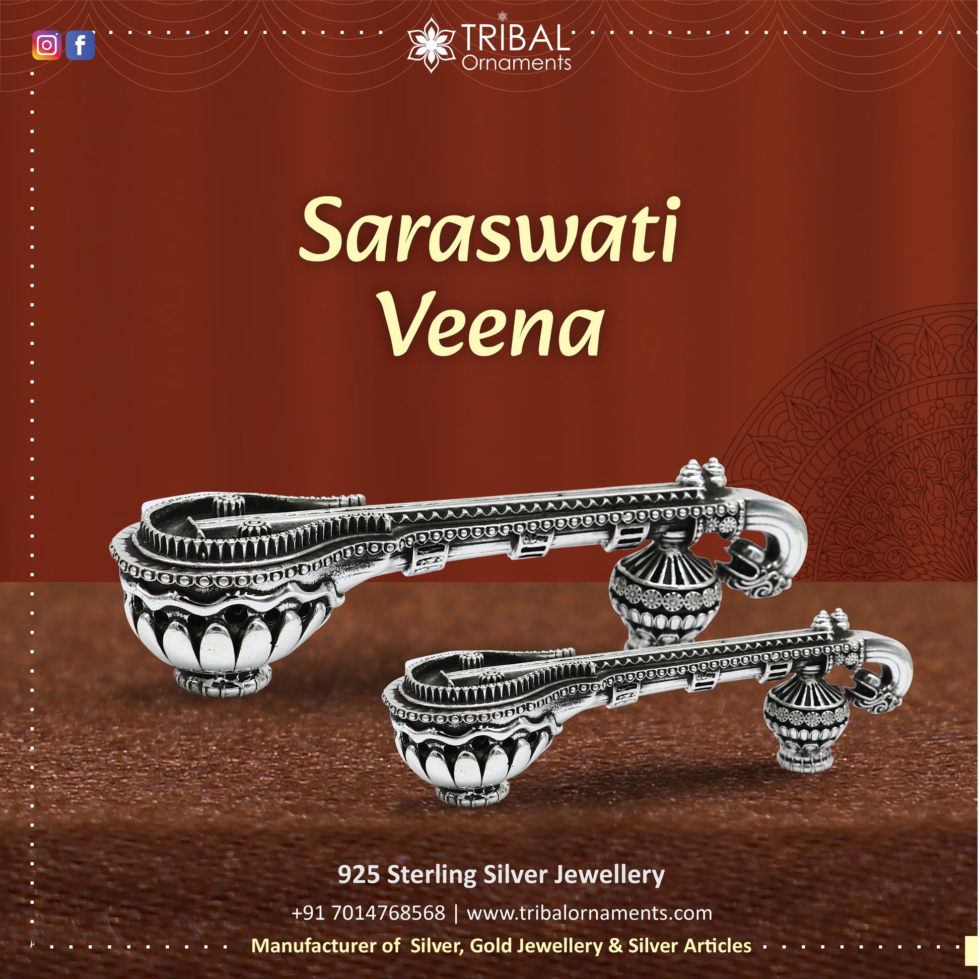Small Saraswati Veena, 925 sterling silver musical instrument Veena for Goddess Sharda, best gifting puja article for Hindu temple su514 - TRIBAL ORNAMENTS