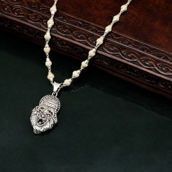 Solid silver Holy Basil rosary necklace with 4mm beads, Lord Vishnu and Narsimha pendant, Tulsi mala from South India.