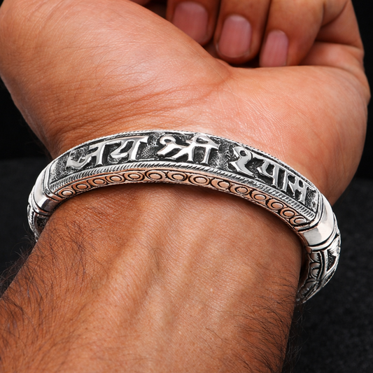 Sterling silver "Jai Shri Shyam" Krishna bangle bracelet, unisex tribal jewelry, detailed design, perfect for traditional Indian attire.