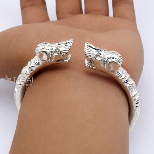 Silver crocodile design bangle cuff by TRIBAL ORNAMENTS, solid 925 silver men's jewelry, adjustable crocodile motif bracelet