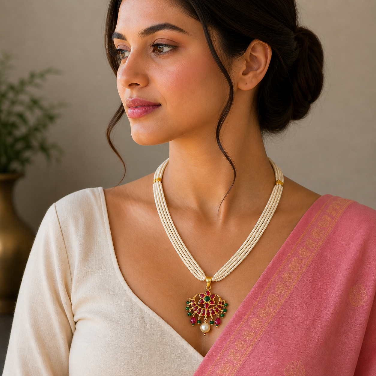 Sterling silver jewelry set with kundan work, green and red stone pendant, trendy necklace, and multilayer pearl strings.