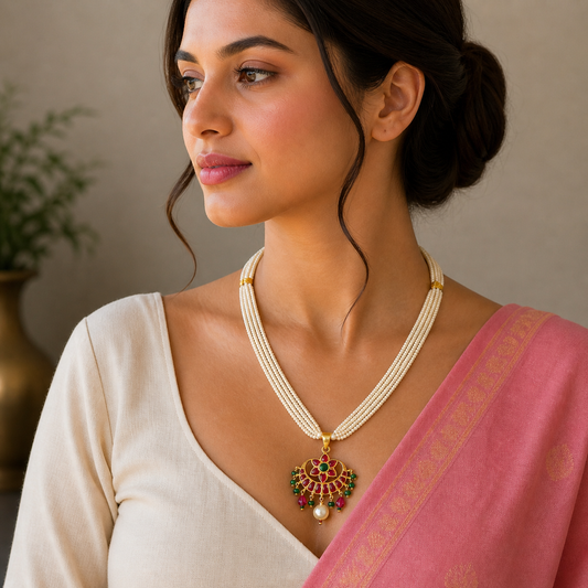Sterling silver jewelry set with kundan work, green and red stone pendant, trendy necklace, and multilayer pearl strings.