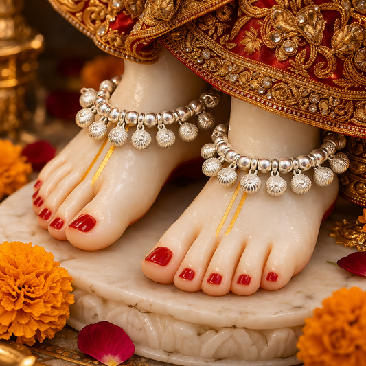 Decorative feet with jewelry and red nail polish on a marble base with flowers.