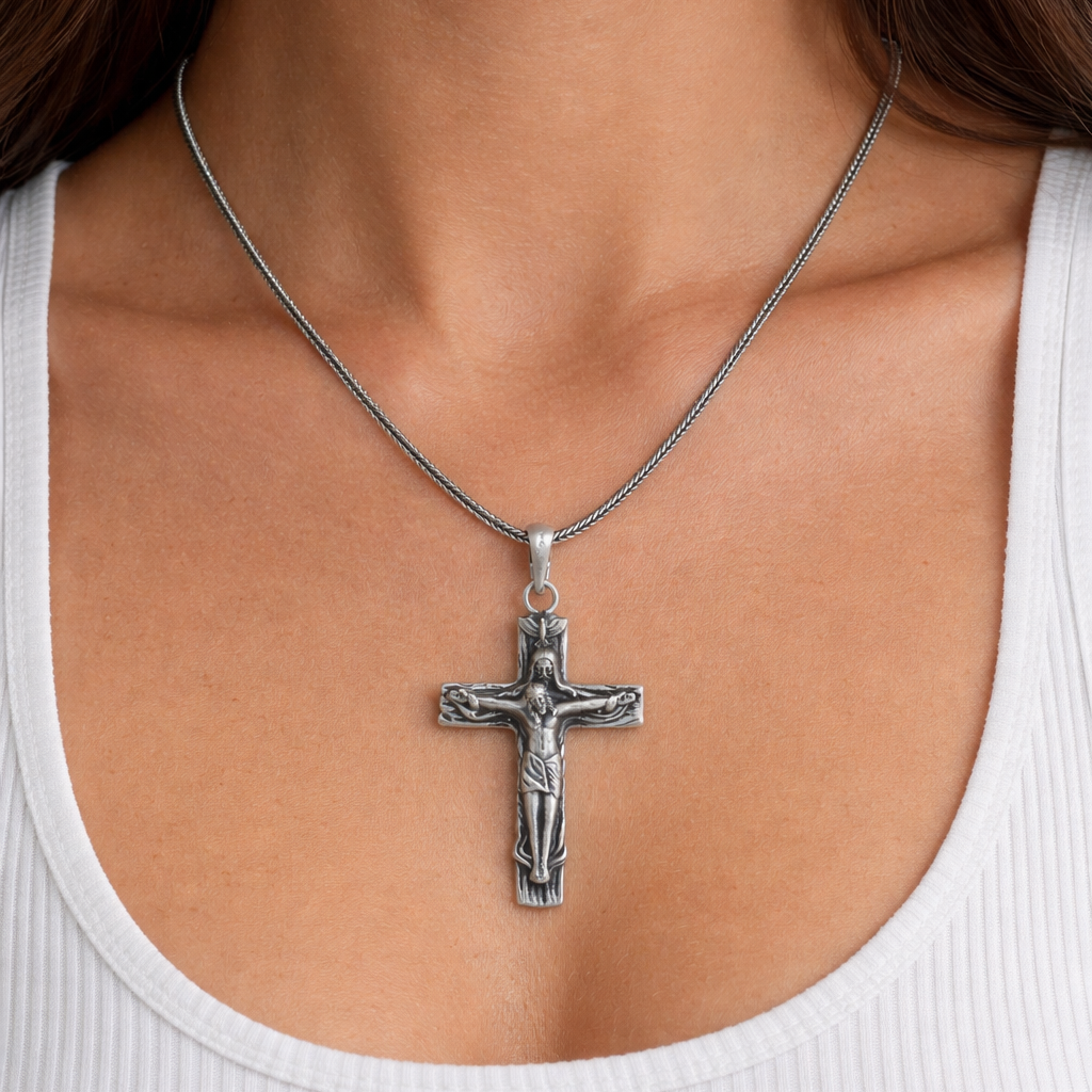 925 Sterling Silver crucifix pendant necklace featuring a vintage oxidized Jesus cross design for men.
