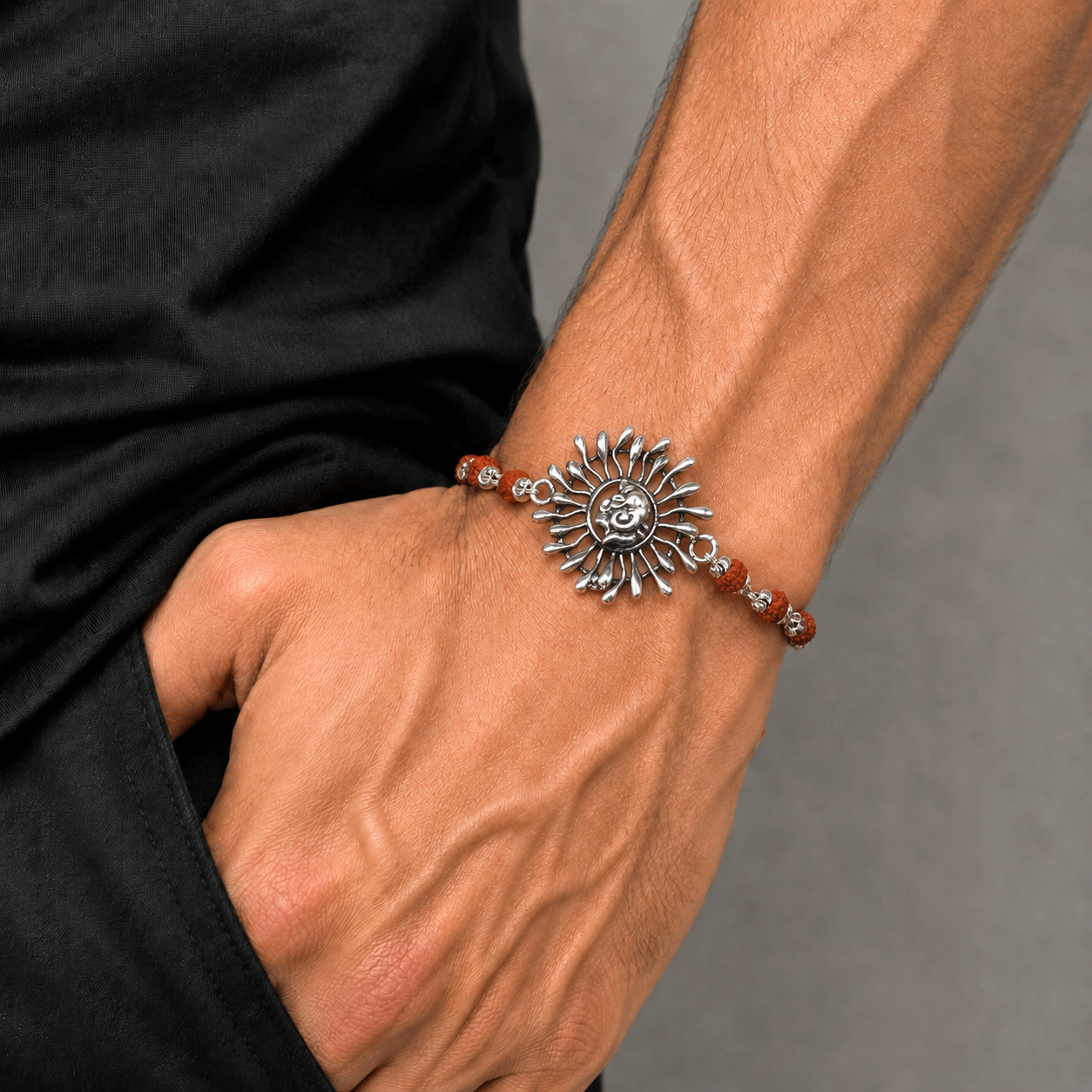 925 Sterling silver Ganesha design rudraksha beads bracelet rakhi rk196